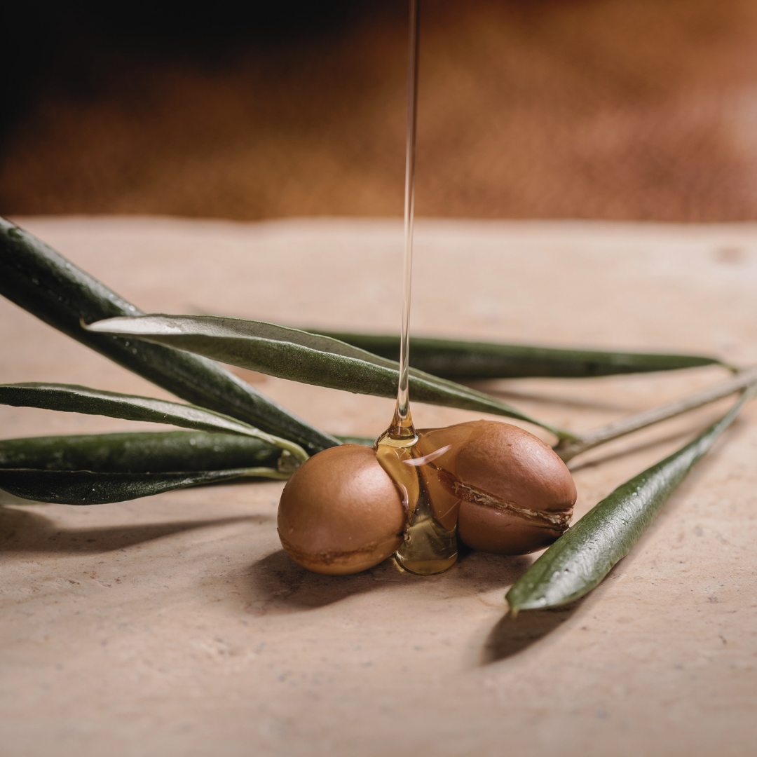 Two argan fruits with argan oil